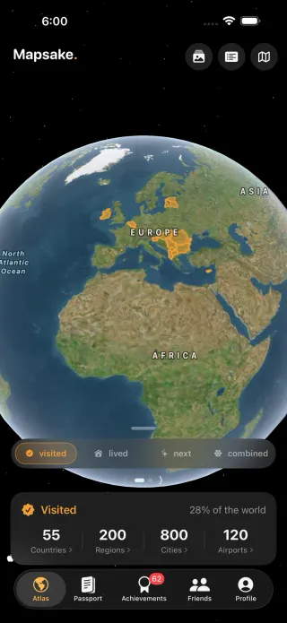 The live satellite globe with visited, lived, and next countries painted on top