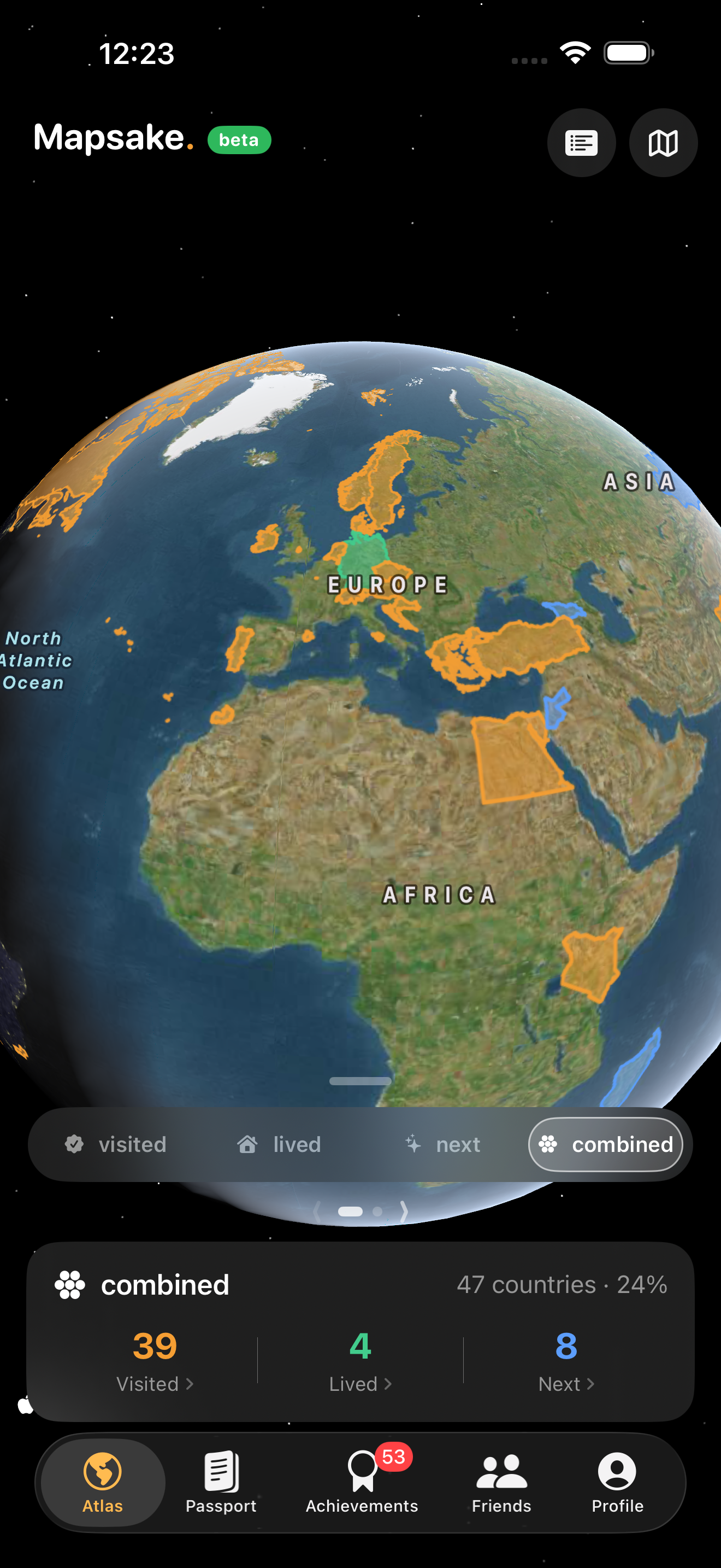 The live satellite globe with visited, lived, and next countries painted on top