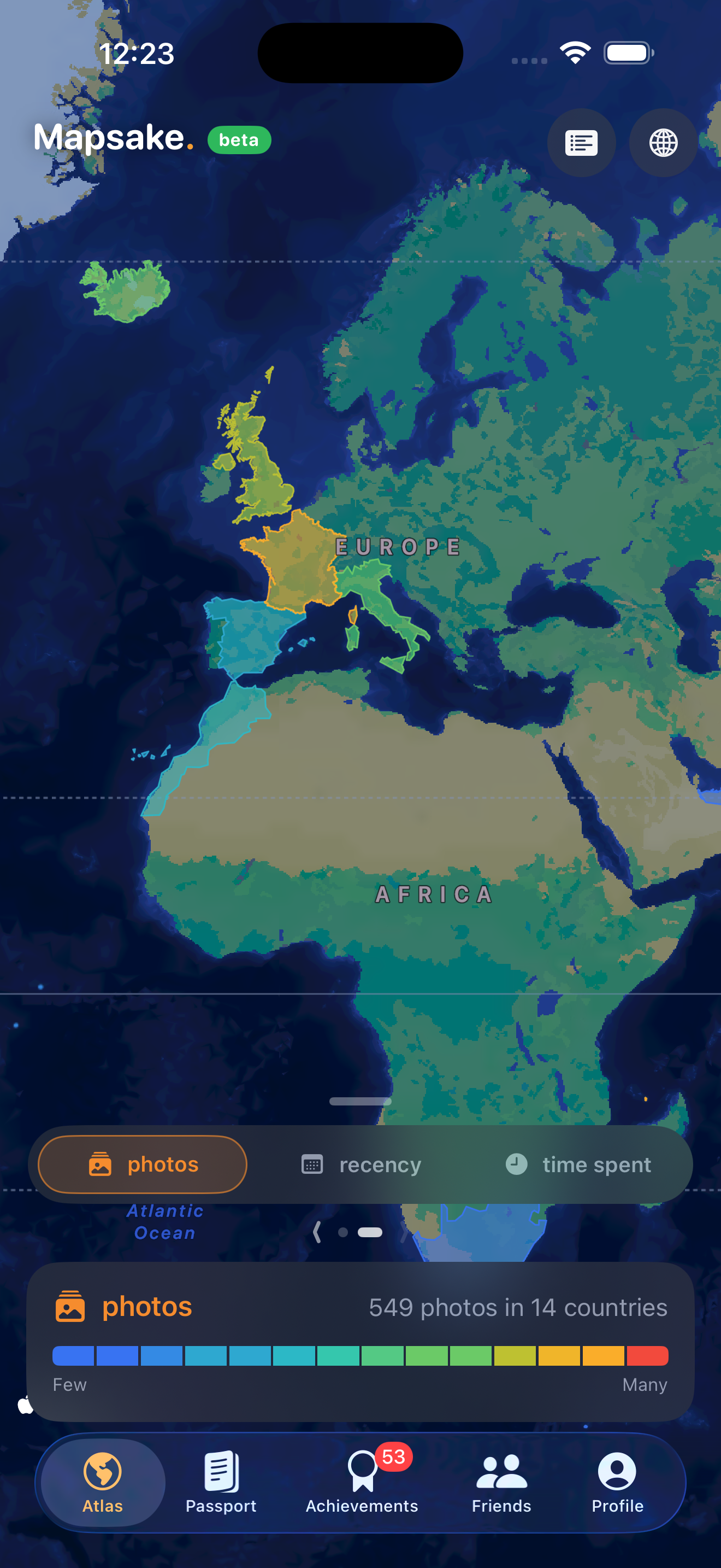 A shareable world map shaded by your photos