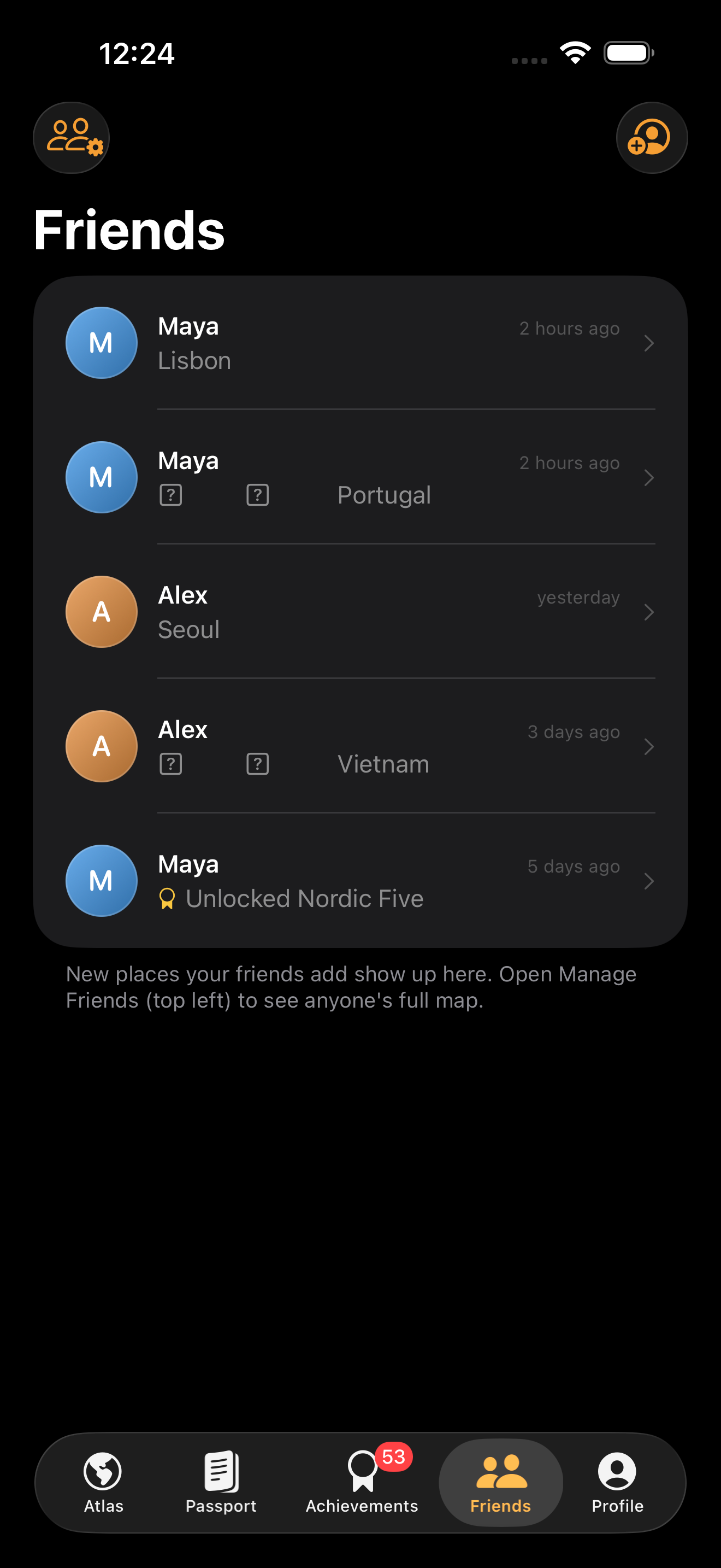 The Friends feed of new places and unlocked achievements