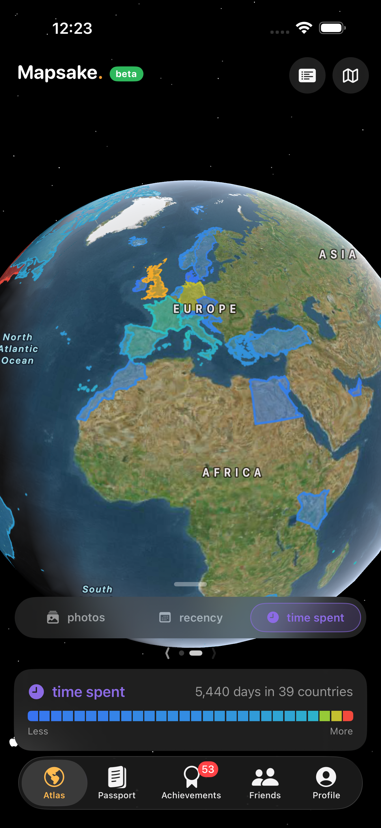 The map shaded into a heatmap by how many photos were taken in each country