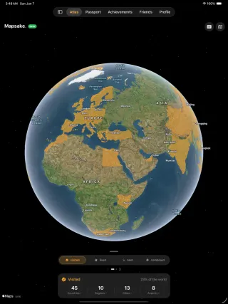 Mapsake travel atlas sidebar and 3D globe on iPad