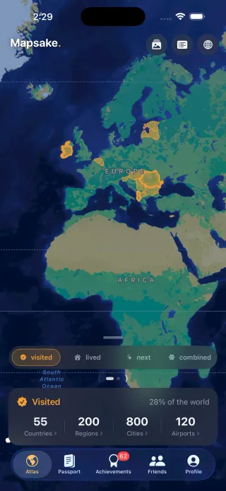 The flat map with countries painted in the lens colors