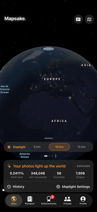 Maplight illuminating the parts of the world represented by a private Mapsake travel history