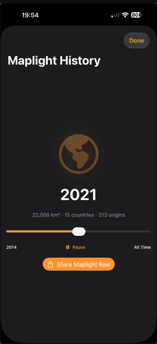 Maplight History playing the year 2021 with illuminated land, country, and origin totals