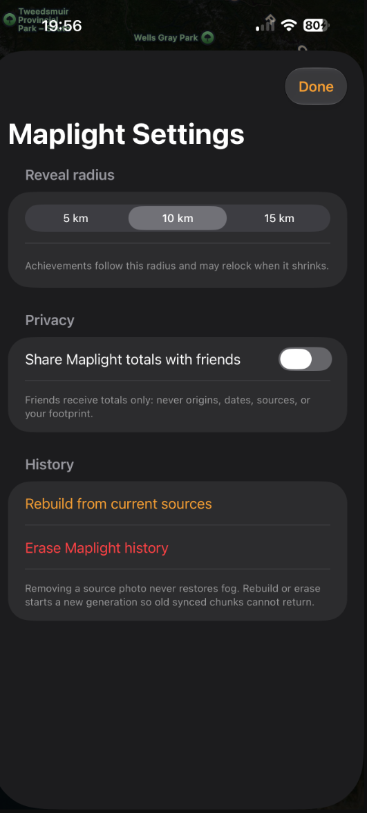 Maplight Settings showing reveal radius, private friend totals, rebuild, and erase controls