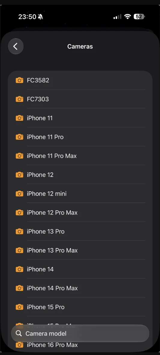 Mapsake Photo Explorer camera filter listing camera models found in a real photo library