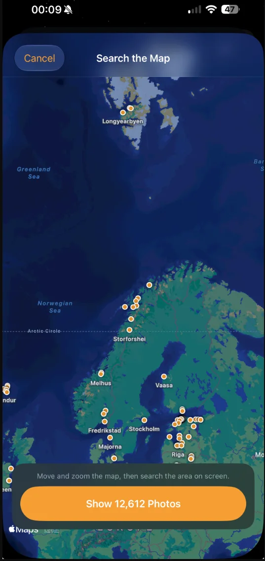 Mapsake Search the Map showing photo locations across Scandinavia and a button to show photos in the visible area