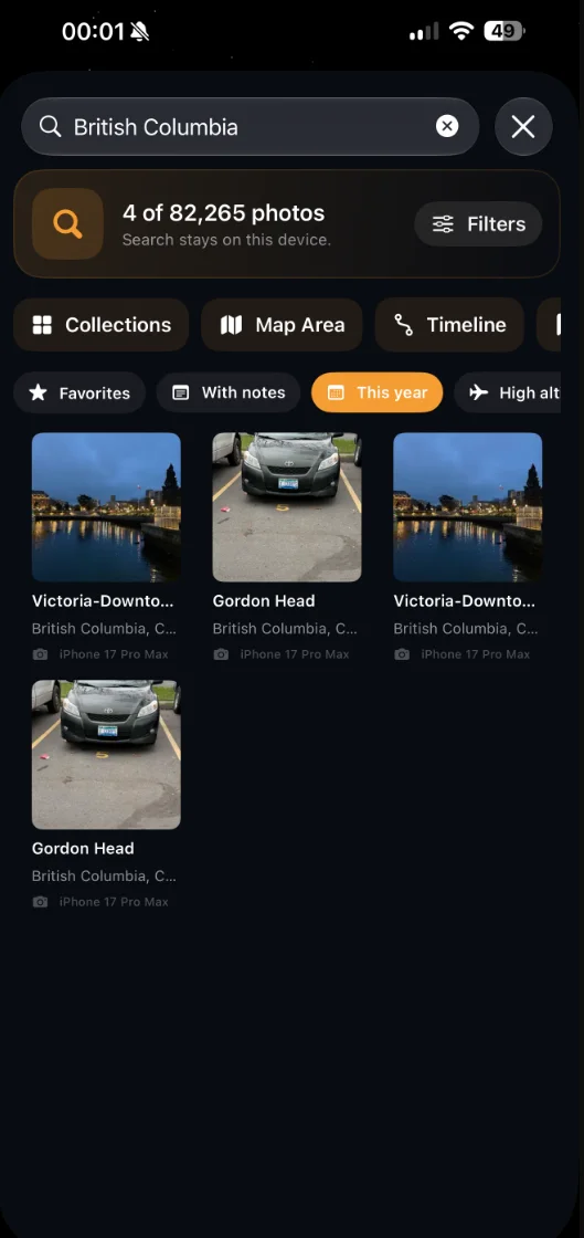 Mapsake Photo Explorer showing a real search for British Columbia with the This year filter and four matching photos